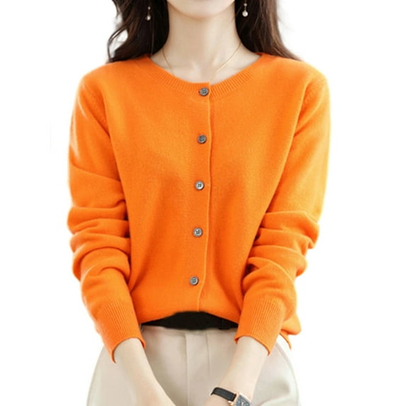 Women Solid Color Round Neck Long Sleeve Sweater Spring and Autumn All-Match Knitted Cardigan Jacket Orange Color L