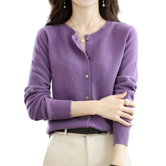 Women Solid Color Round Neck Long Sleeve Sweater Spring and Autumn All-Match Knitted Cardigan Jacket Purple L