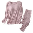 thumbnail image 1 of Women Solid Color Round Neck Padded Pajamas with Cups Long Sleeves And Trousers Two Piece Home Pajamas Sets, 1 of 3