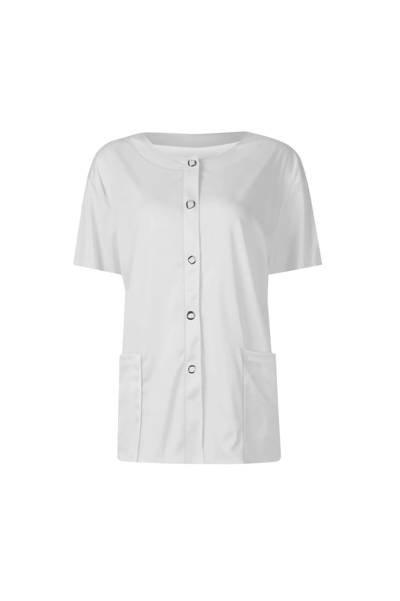 Women Solid Color Round Neck Snap Front Scrub Tunic Short Sleeve Medical Uniform With Double Side Pockets