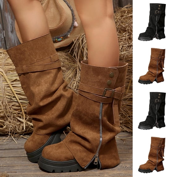 Women Solid Color Round Toe Side Zipper Buckle Strap Ruched Mid Calf Boots Faux Suede Block Mid Heel Winter Casual Boots US Size 5 To 8.5 Brown