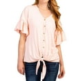 thumbnail image 1 of Women Solid Color Ruffled Short Sleeve Buttons Tied Hem Shirt, 1 of 5