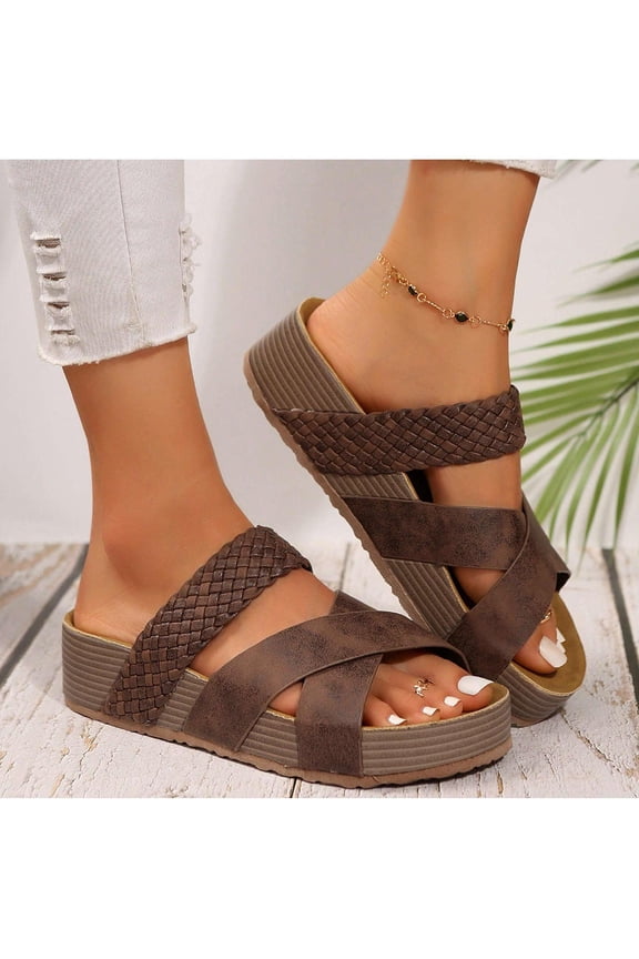 Women Solid Color Sandals Beach Slippers Braided Thick Bottom Casual
