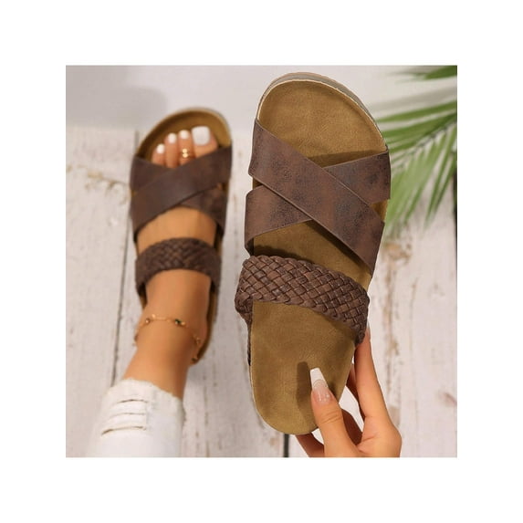 Women Solid Color Sandals Braided Cork Footbed Ultra Comfortable Beach Walking Shoes