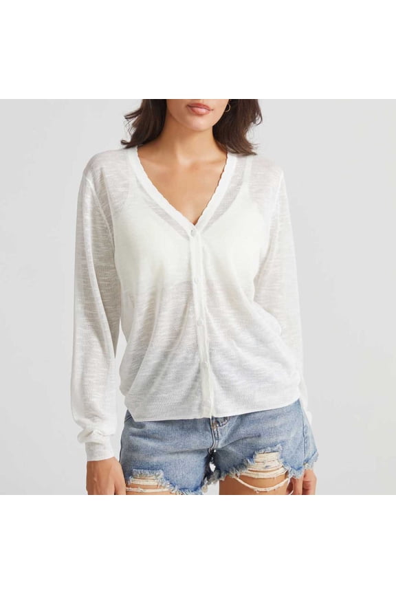 Women Solid Color Semi Transparent V Neck Button Cardigan Lightweight Knit Sweater Sun Protection Shirt Loose Cover Up Blouse Summer