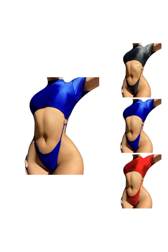 Women Solid Color Sexy Back Tee Swimsuit with Rhinestone Bikini Top and Matching Bottom