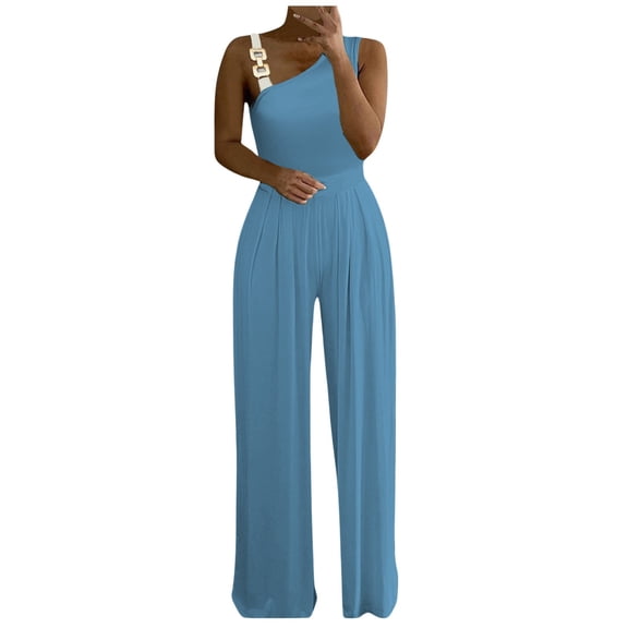 Women Solid Color Sexy Metal Button Tank Top High Waist Wide Leg Jumpsuit Rompers - Stretchy Polyester, Ruched Tie Waist, Suitable for Parties/Work - Size S-XXL