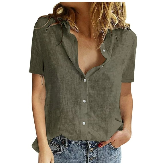Women Solid Color Short Sleeve Tops Cotton Puffy Sleeve Blouse