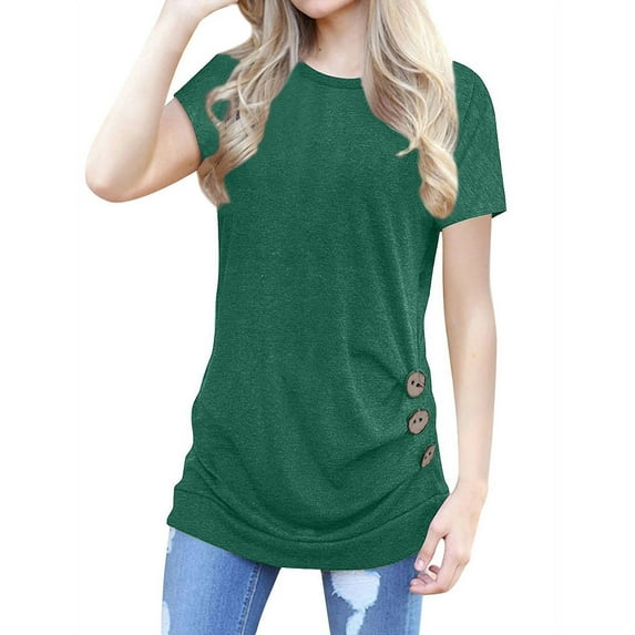 Women Solid Color Short Sleeve Button Decor Tops