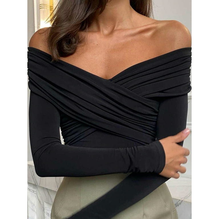 Cross Bandage Strapless Shoulder Long Sleeve T-shirts Cross Bandage Strapless Shoulder Long Sleeve T-shirts