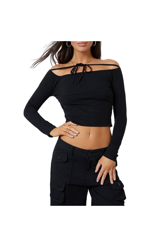 Women Solid Color Short T-Shirts Tie-Up Boat Neck Off Shoulder Long Sleeve Shirts Spring Fall Slim Fit Tops Streetwear