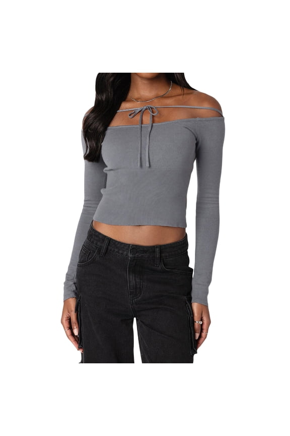 Women Solid Color Short T-Shirts Tie-Up Boat Neck Off Shoulder Long Sleeve Shirts Spring Fall Slim Fit Tops Streetwear