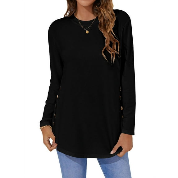 Women Solid Color Side Button Crew Neck Long Sleeve Scoop Hem Top