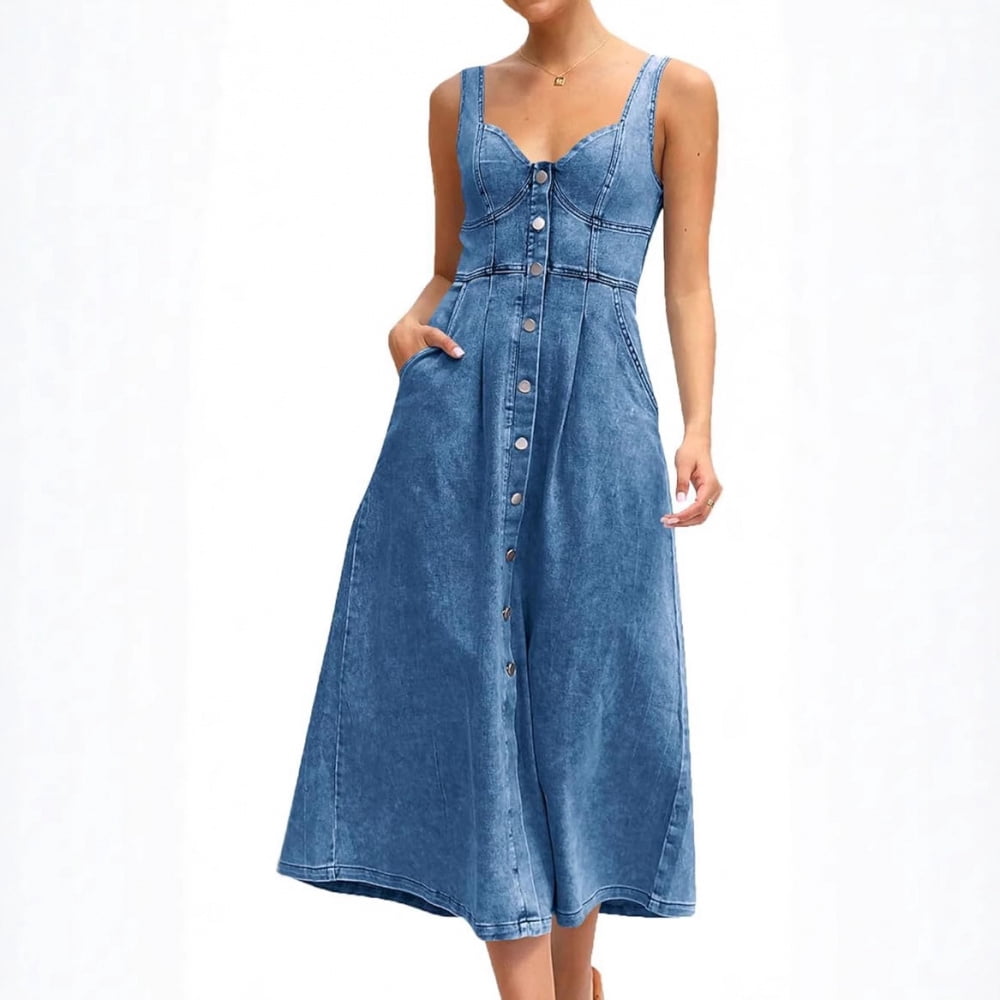 Women Solid Color Sleeveless Denim Cami Midi Dress, Multi Buttons Pockets Flared Swing Casual Dress