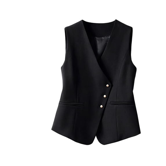 Women Solid Color Sleeveless Vest, Lightweight Layering Piece V Neck Asymmetrical Button Outerwear
