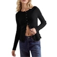 thumbnail image 1 of Women Solid Color Slim Fit Button Long Sleeved Cardigan Jacket Round Neck Design Knitted Ribbed Top, 1 of 2