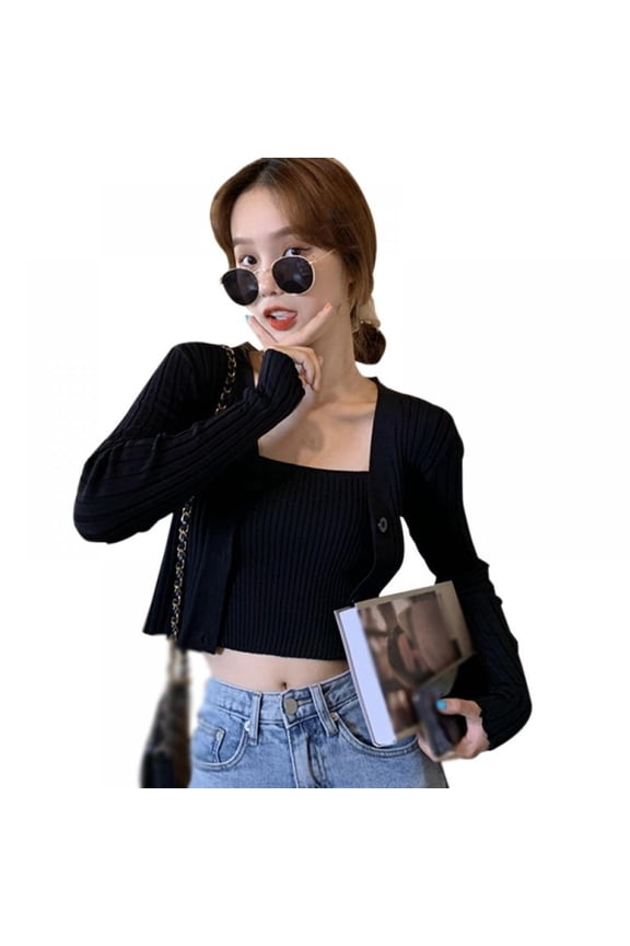 Women Solid Color Sling + Knit Cardigan 2-piece Set
