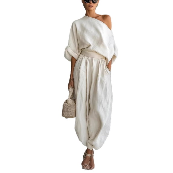 Idoravan 2 piece sets for women going out Women Solid Color Sloping Shoulders Off-shoulder Tops Ankle Strap Pants Suit