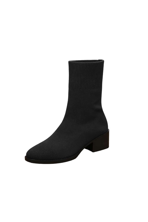 Women Solid Color Stretch Mesh Sock Ankle Boots Breathable Mid Block Heel Winter Casual Slip on Short Booties Black 6.5(38)