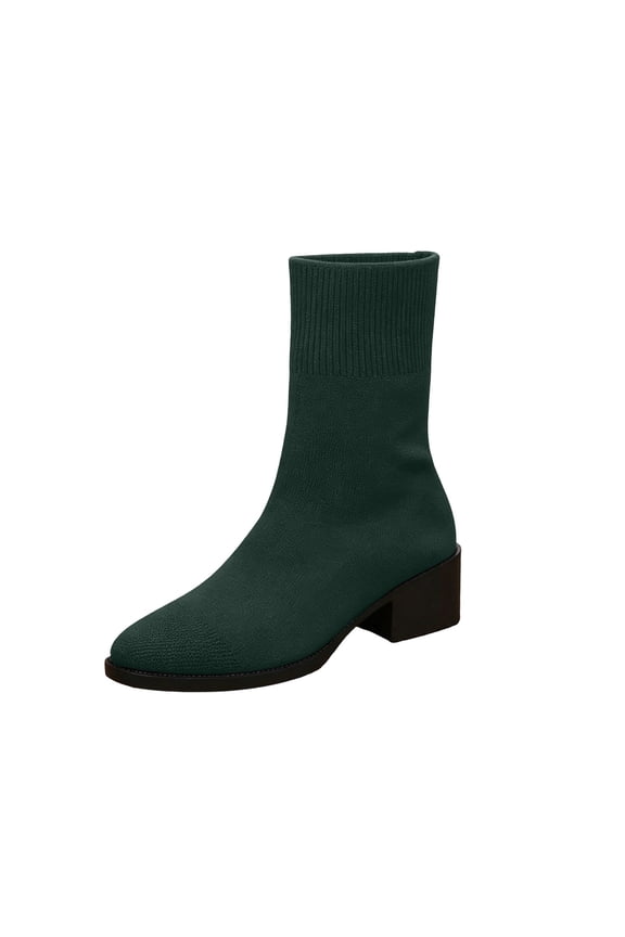 Women Solid Color Stretch Mesh Sock Ankle Boots Breathable Mid Block Heel Winter Casual Slip on Short Booties Green 5.5(36)