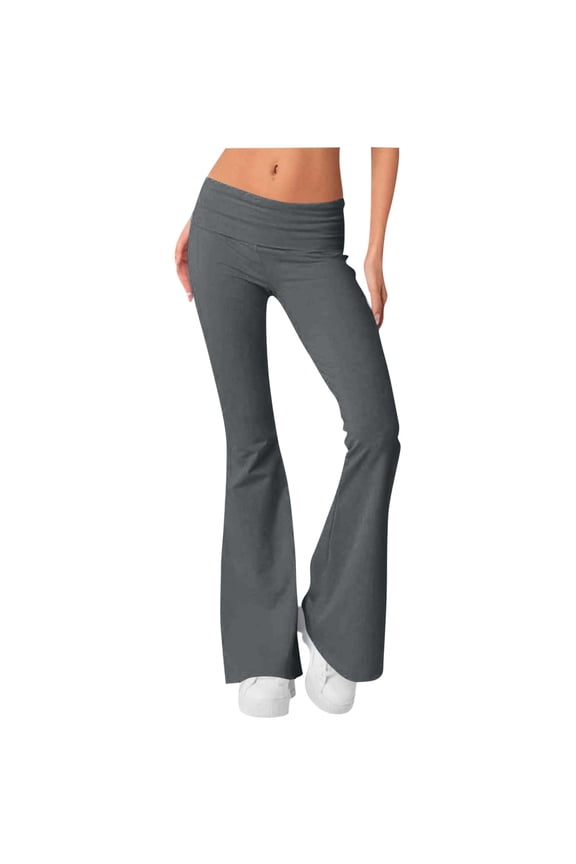 Women Solid Color Stretch Waist Flared Pants Low Rise Foldable Yoga Pants Sports Casual Long Pants Gray
