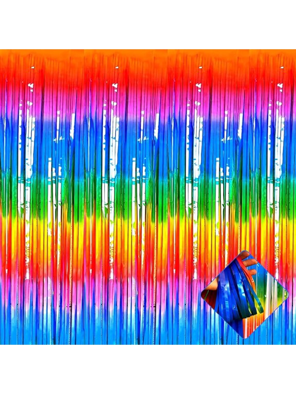 Foil Fringe Curtains 4-Pack 3.3ft x 6.6ft Each, Macaron Dark Rainbow Tinsel Backdrop for Parties, Birthdays, Weddings & Baby Showers