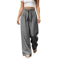 thumbnail image 1 of Women Solid Color Tie Elastic Waist Long Pants, Loose Casual Trousers with Side Pockets, Daily Walking Vacation Pants Gray L(L), 1 of 9