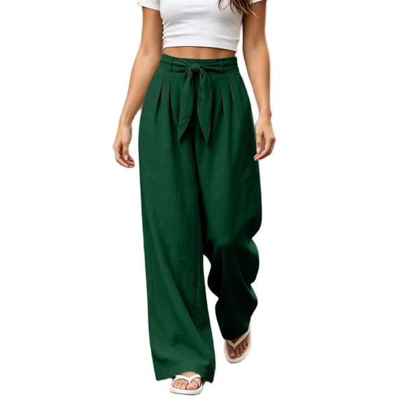 Women Solid Color Tie Elastic Waist Long Pants, Loose Casual Trousers with Side Pockets, Daily Walking Vacation Pants Green L(L)