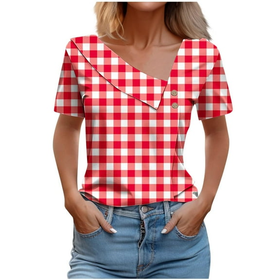Women Solid Color Tops Short Sleeve Button Down Shirts Trendy Asymmetric V Neck T Shirts Summer Casual Loose Work Blouses