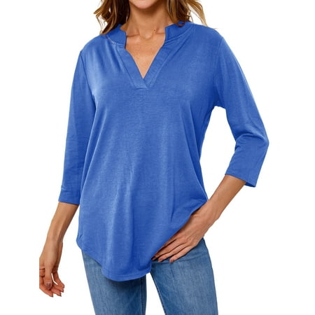 Women Solid Color V Neck 3/4 Sleeve Top