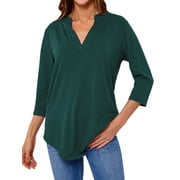 Women Solid Color V Neck 3/4 Sleeve Top