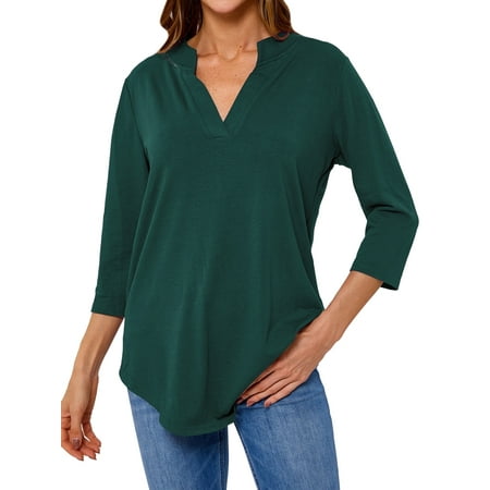 Women Solid Color V Neck 3/4 Sleeve Top