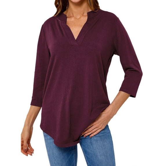 Women Solid Color V Neck 3/4 Sleeve Top