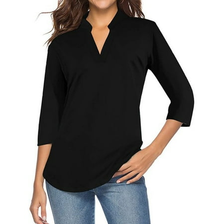 Women Solid Color V Neck 3/4 Sleeve Top