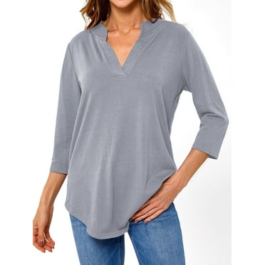 Women Solid Color V Neck 3/4 Sleeve Top