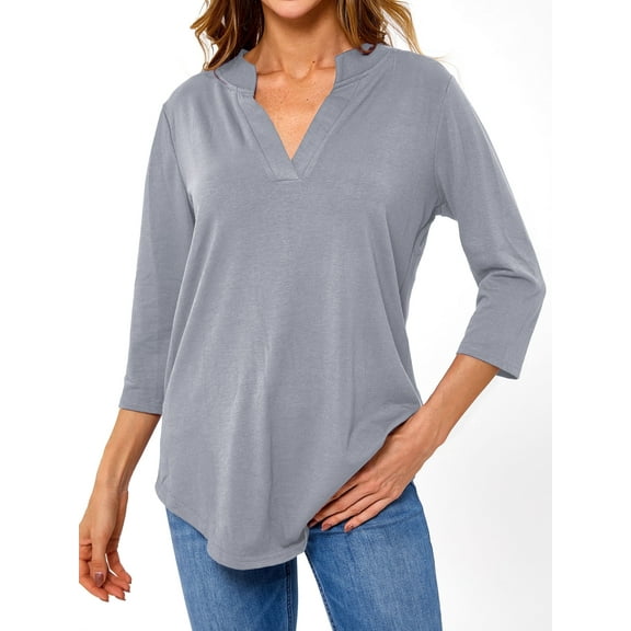 Women Solid Color V Neck 3/4 Sleeve Top