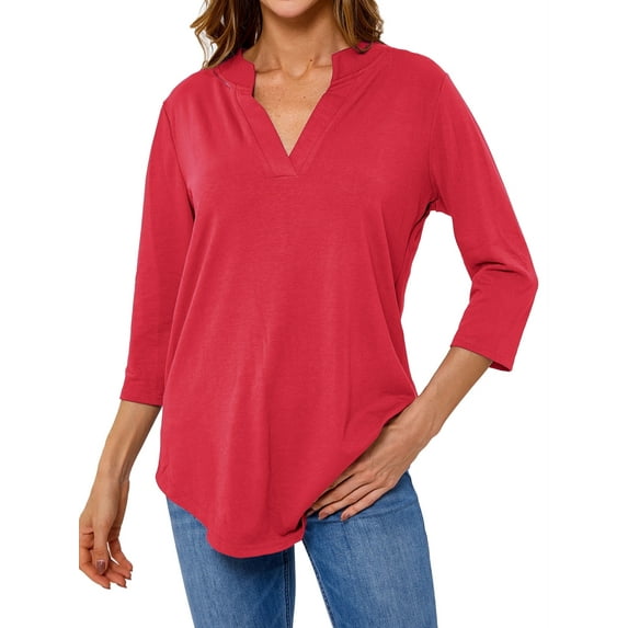 Women Solid Color V Neck 3/4 Sleeve Top