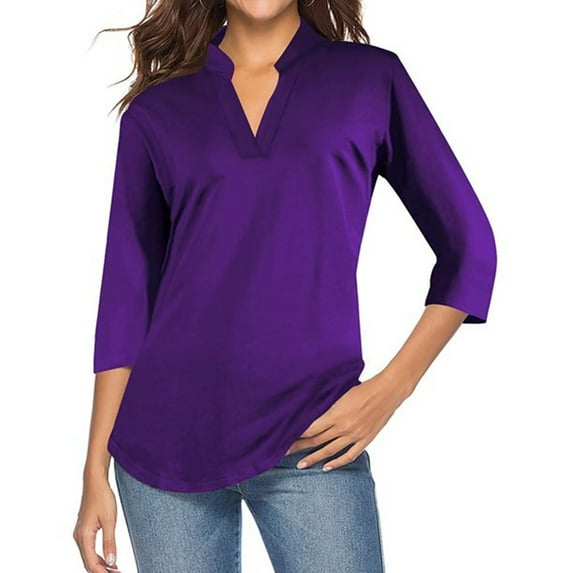 Women Solid Color V Neck 3/4 Sleeve Top