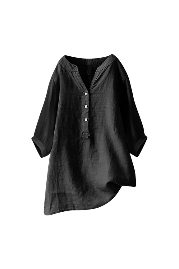 Women Solid Color V Neck Button Down Three Quarter Sleeve Casual And Comfortable Shirt Top Extra Long Sleeve T Shirt Women Ladies Tees Womens Construction Shirts Button down Long Sleeve for Women