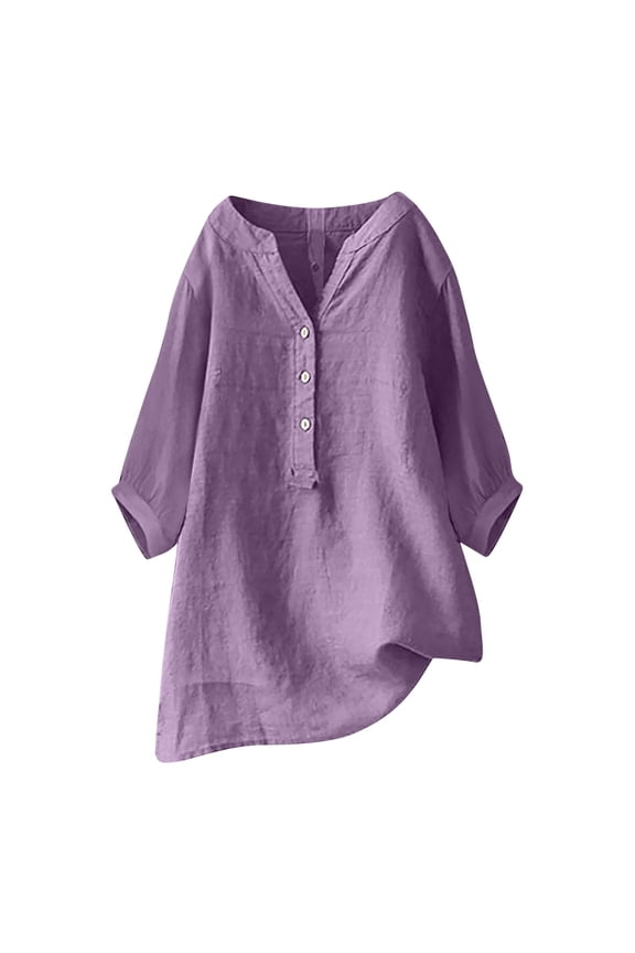 Women Solid Color V Neck Button Down Three Quarter Sleeve Casual And Comfortable Shirt Top Extra Long Sleeve T Shirt Women Ladies Tees Womens Construction Shirts Button down Long Sleeve for Women