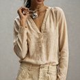 thumbnail image 1 of Women Solid Color V Neck Cotton Linen Blouse,Roll Up Long Sleeve Loose Bohemian Casual Shirt,Lightweight Breathable Basic Top for Daily Leisure,Travel Spring Summer 2026 Outfits Khaki S, 1 of 6