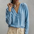 thumbnail image 1 of Women Solid Color V Neck Cotton Linen Blouse,Roll Up Long Sleeve Loose Bohemian Casual Shirt,Lightweight Breathable Basic Top for Daily Leisure,Travel Spring Summer 2026 Outfits Blue L, 1 of 6