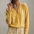 thumbnail image 1 of Women Solid Color V Neck Cotton Linen Blouse,Roll Up Long Sleeve Loose Bohemian Casual Shirt,Lightweight Breathable Basic Top for Daily Leisure,Travel Spring Summer 2026 Outfits Yellow XXL, 1 of 6