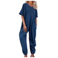thumbnail image 1 of Women Solid Color V Neck Jumpsuits Half Sleeve Long Rompers Beam Foot Baggy Overalls Pants Women Romper Ladies Romper Jumpsuit Strapless Jumpsuits for Women Jumpsuit with Flare Pants Prom Jumpsuit, 1 of 5