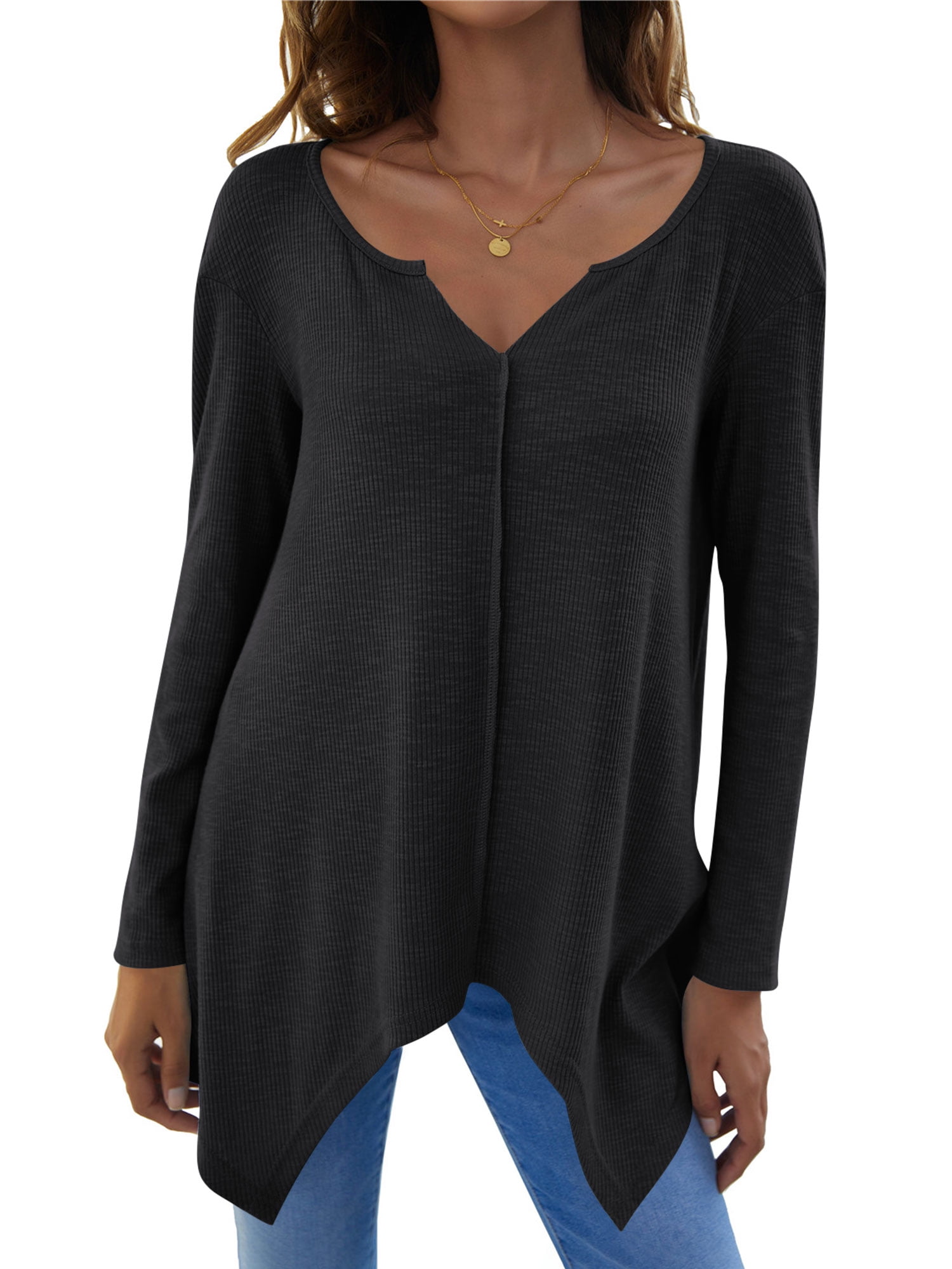 ZXSXSY Women Solid Color V Neck Long Sleeve High-Low Hem Top