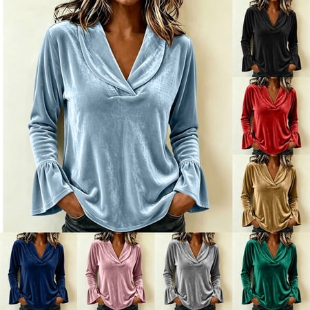 Hinvhai Women Solid Color V Neck Long Sleeve Top, Fashion Flared Cuff Sleeve Shirt Casual Loose Fit Pullover Blouse for Daily Wear Light Blue XL(XL)