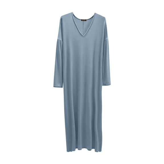 Women Solid Color V-Neck Long Sleeves Dress Nightgown Home Furnishings Long Sleepshirts
