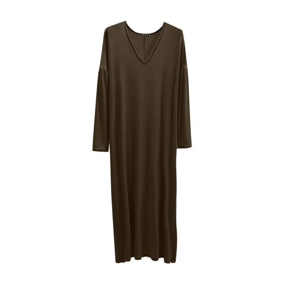 Women Solid Color V-Neck Long Sleeves Dress Nightgown Home Furnishings Long Sleepshirts