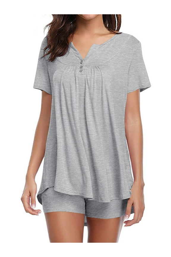 Women Solid Color V Neck Short Sleeve Button Sleepwear Set