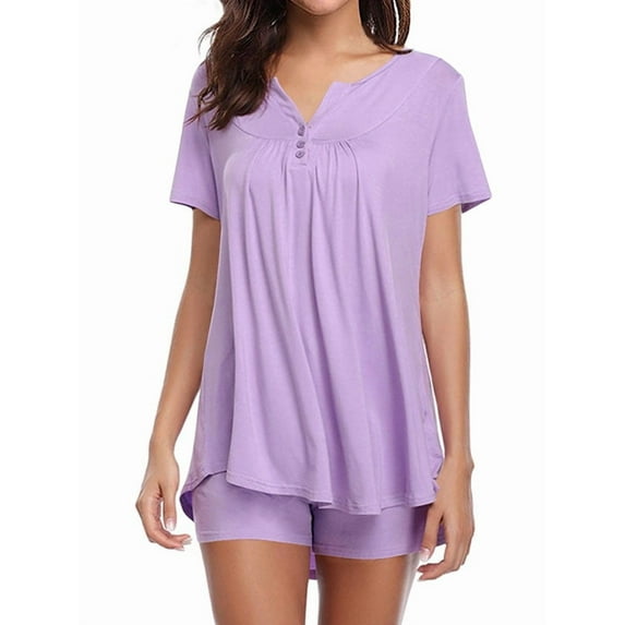 Women Solid Color V Neck Short Sleeve Button Sleepwear Set